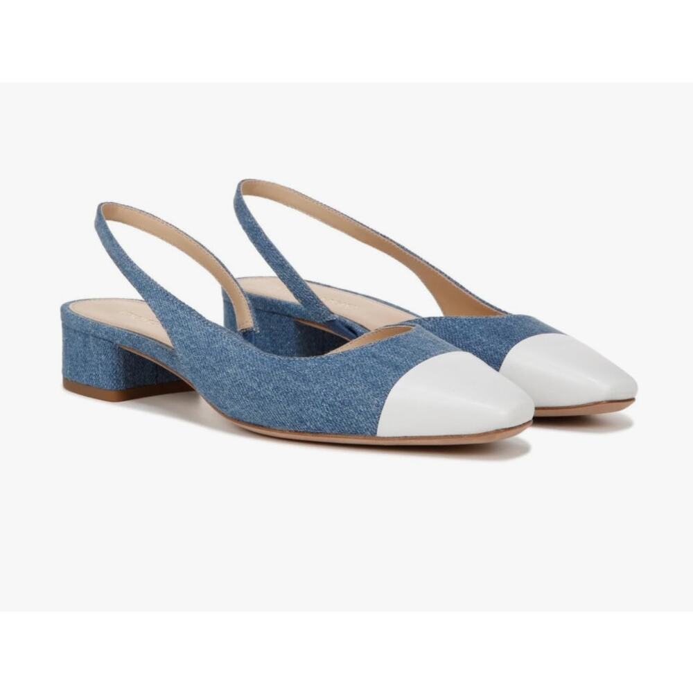 VERONICA BEARD Cecile leather-trimmed denim slingback flats Sandals 7 NIB 350 - Picture 5 of 15
